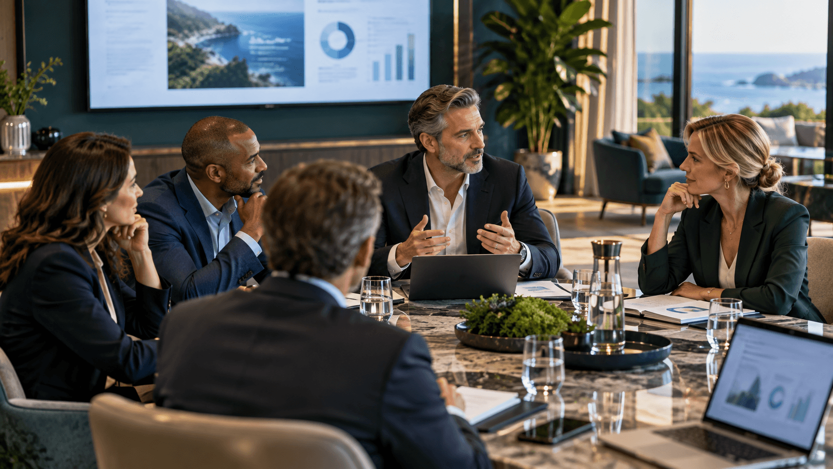 Corporate leadership team discussing an important business programme