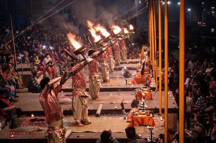 Ganga Aarti on the ghats of Varanasi, Uttar Pradesh, India